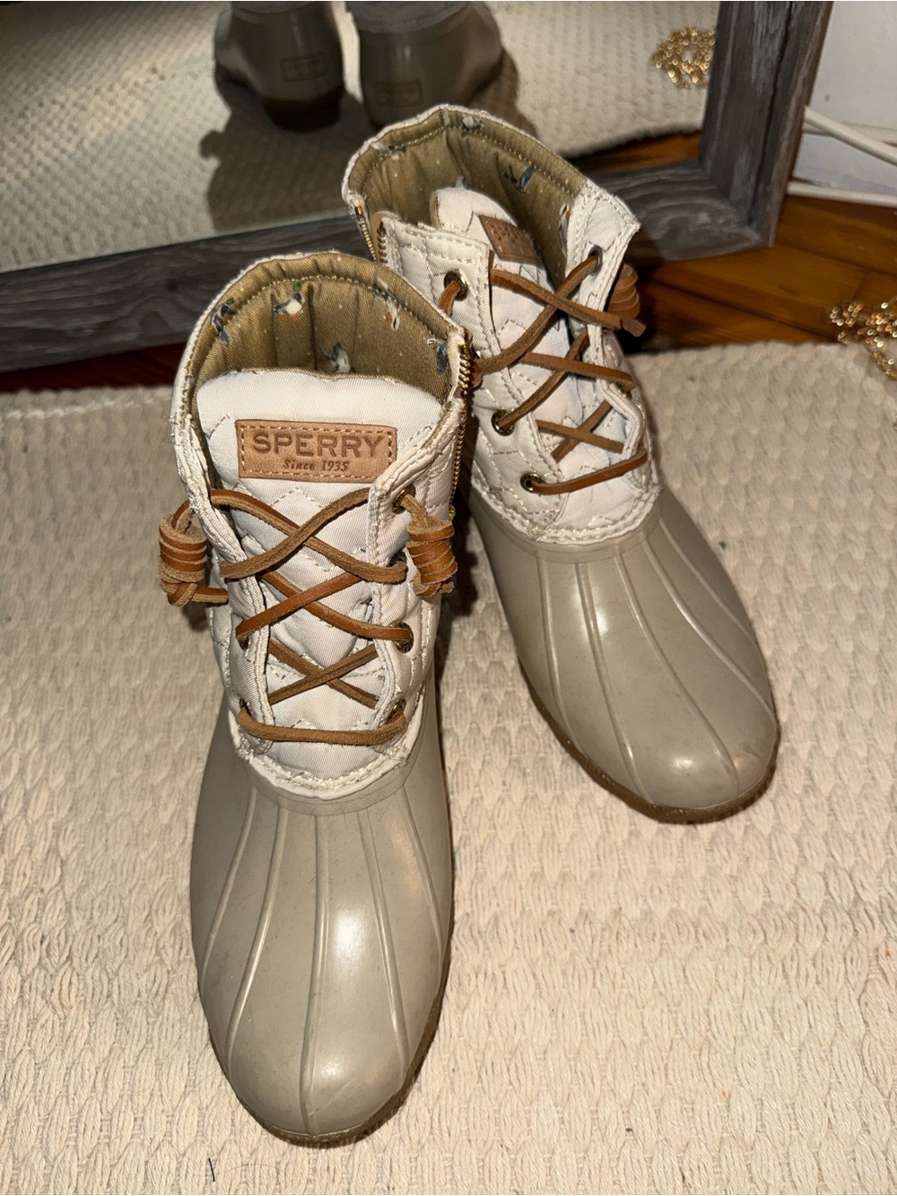 Sperry Quilted Duck Boots in White and Taupe with Tan Accents